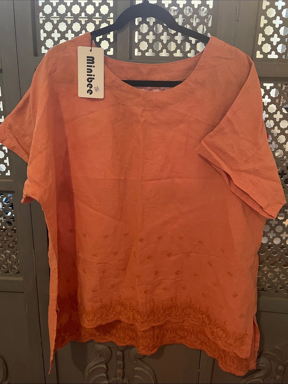 Minibee Women's Orange Embroidered Linen Tunic